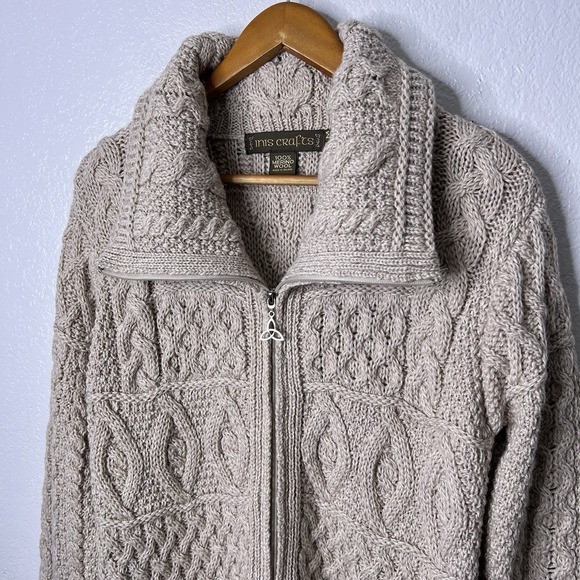 Inis Crafts Cardigan Womens Medium 100% Merino Wool Open Knit Zip Long - Picture 3 of 8